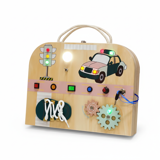 Montessori Busy Board for Kids (4-5 Years) | Wooden LED Activity Suitcase & Magnetic Whiteboard