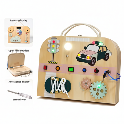 Montessori Busy Board for Kids (4-5 Years) | Wooden LED Activity Suitcase & Magnetic Whiteboard