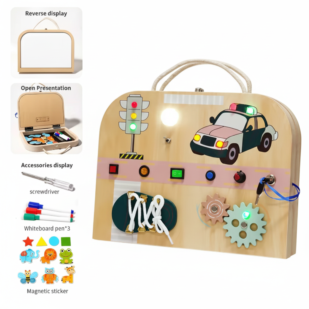 Montessori Busy Board for Kids (4-5 Years) | Wooden LED Activity Suitcase & Magnetic Whiteboard